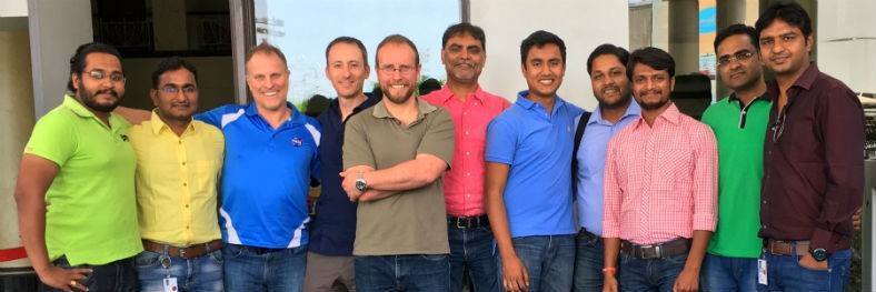 Mike Bates, HotWax Systems CEO, keeps in touch with the Indore team throughout the day, but also visits the office every year. Here he is with Jacopo Cappellato, CTO, Anil Patel, COO, Ashish Vijaywargiya, VP of Operations, and John Bates, Leadership Communication Expert and International Speaker
