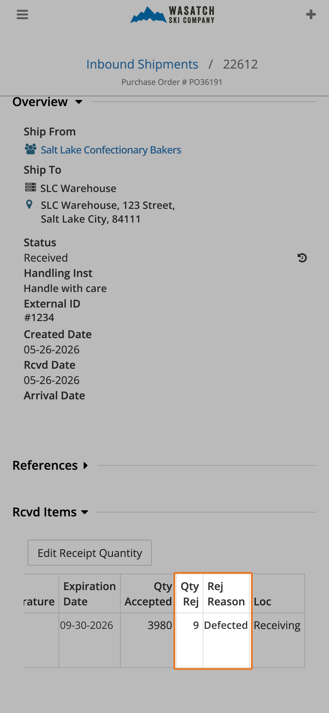 Record Rejected Inventory with a Reason